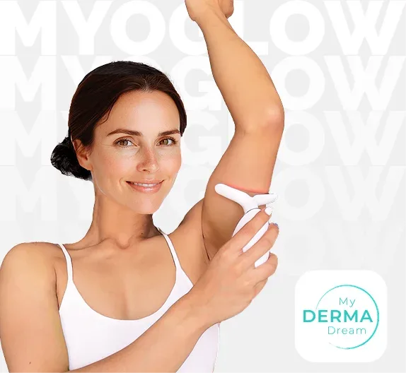 Woman using the MyoGlow device on the back of her arm